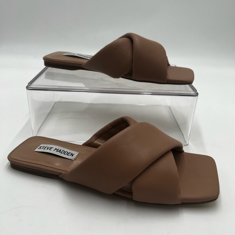 New Steve Madden Womens Mayra Faux Leather Square Toe Slide Sandals Nude size 7.